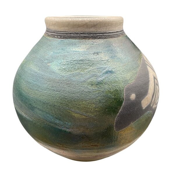 Ben Diller Raku Bear Vase With Native American Design 5.5"H x 5"W Handmade - Picture 2 of 9